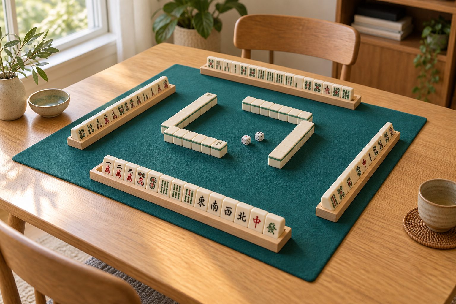Mahjong table setup with a teal mat, four wooden racks, ivory tiles, and dice