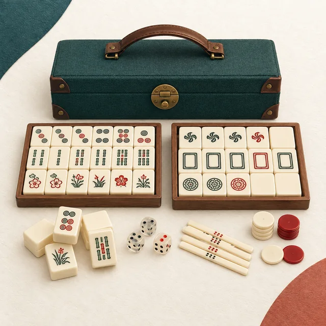Editorial illustration of a Chinese or numbered mahjong set on the MahjongSetup product backdrop; not an exact product photo.
