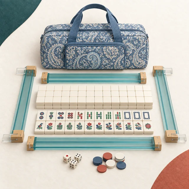 Editorial illustration of Linda Li New! - American Mahjong Set 166 Premium White Tiles, 4 All-in-One Rack/Pushers, Blue Paisley Soft Bag - Classic Full Size Complete Mahjongg Set on the MahjongSetup product backdrop; not an exact product photo.