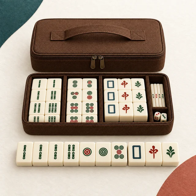 Editorial illustration of a Chinese or numbered mahjong set on the MahjongSetup product backdrop; not an exact product photo.