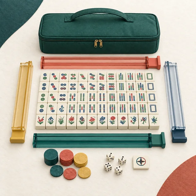 Editorial illustration of Yellow Mountain Imports American Mahjong Set, Huntington with 166 Melamine Mahjong Tiles, Mineral Green Soft Case - 4 All-in-One Racks with Pushers, Scoring Coins, Dice, and Wind Indicator on the MahjongSetup product backdrop; not an exact product photo.