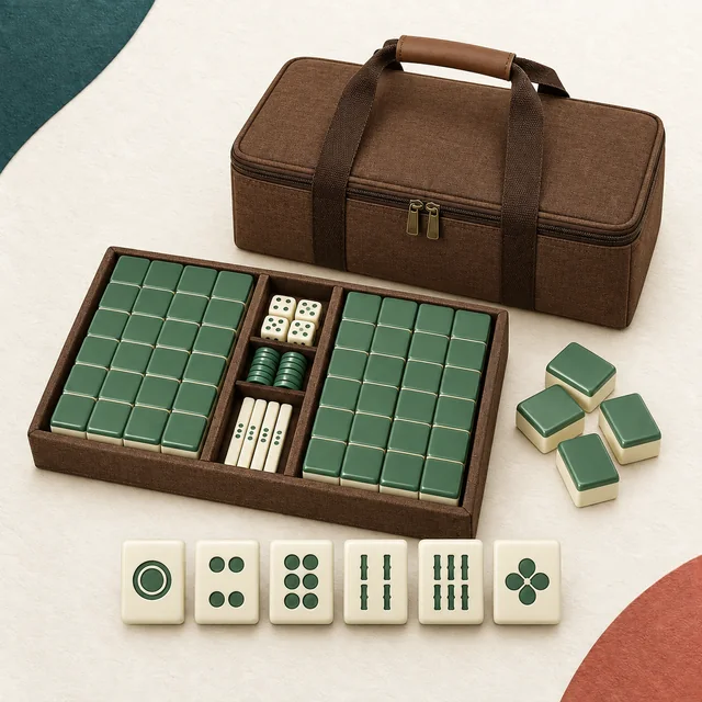 Editorial illustration of a Chinese or numbered mahjong set on the MahjongSetup product backdrop; not an exact product photo.