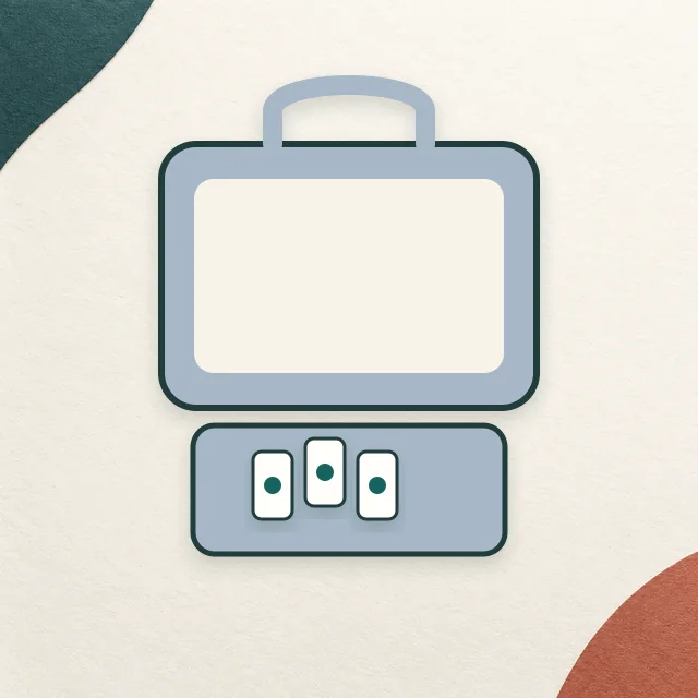 Editorial illustration of a compact travel mahjong set on the MahjongSetup product backdrop; not an exact product photo.