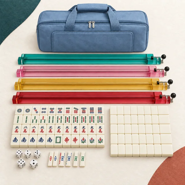 Editorial illustration of GUSTARIA American Mahjong Game Set, 166 Quality White Tiles, 4 All-in-One Color Rack/Pushers, Mahjong Tile Set with Blue Printed Carrying Bag on the MahjongSetup product backdrop; not an exact product photo.