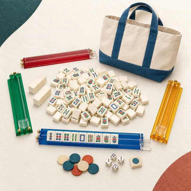Editorial illustration of Yellow Mountain Imports American Mahjong Set, Harbor Tide with Beige and Blue Canvas Tote Bag - 4 All-in-One Racks with Pushers, Wright Patterson Scoring Coins, Dice, & Wind Indicator on the MahjongSetup product backdrop; not an exact product photo.