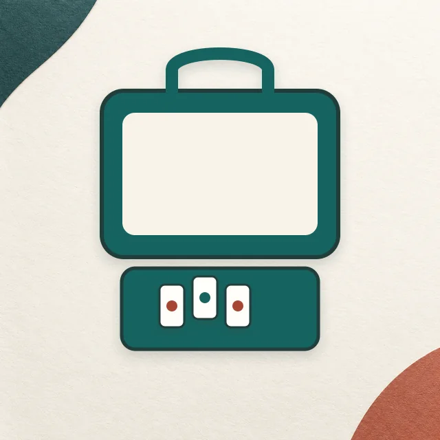 Editorial illustration of a compact travel mahjong set on the MahjongSetup product backdrop; not an exact product photo.