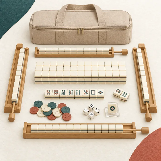 Editorial illustration of Yellow Mountain Imports American Mahjong Set, Ivory Stripes - 166 Tiles with Beige Soft Case, Wooden Racks with Pushers, Scoring Coins, Dice, and Wind Indicator on the MahjongSetup product backdrop; not an exact product photo.