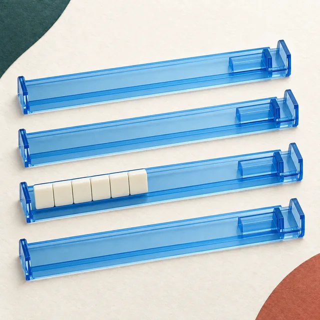 Editorial illustration of mahjong racks and pushers on the MahjongSetup product backdrop; not an exact product photo.
