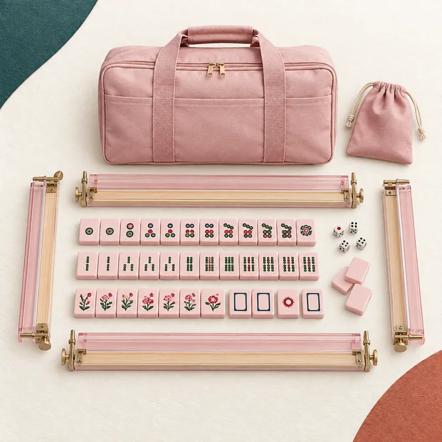 Editorial illustration of TIASUSAN American Mahjong Tile Set, 166 Pink Tiles, Bag and Mahjong Accessories, 4 All-in-One Rack/Pushers, Mahjong Set Complete on the MahjongSetup product backdrop; not an exact product photo.