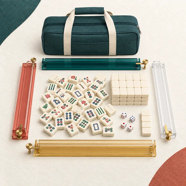 Editorial illustration of Jongyance American Mahjong Tile Set with Carrying Bag, 166 White Tiles, 4 Racks with Pushers, Mahjong Set for Beginners on the MahjongSetup product backdrop; not an exact product photo.